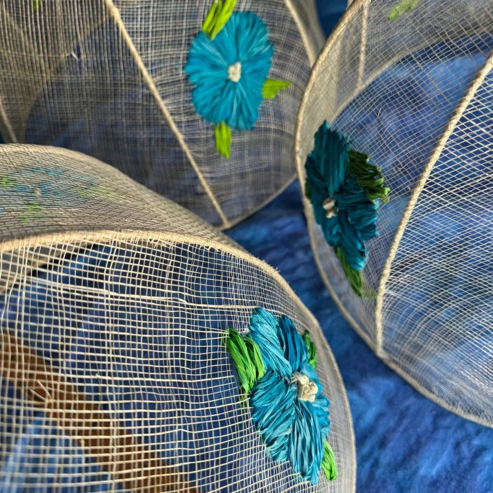Handcrafted Philippines Mesh Food Covers 4pc Blue Floral Woven Sinamay Albaca